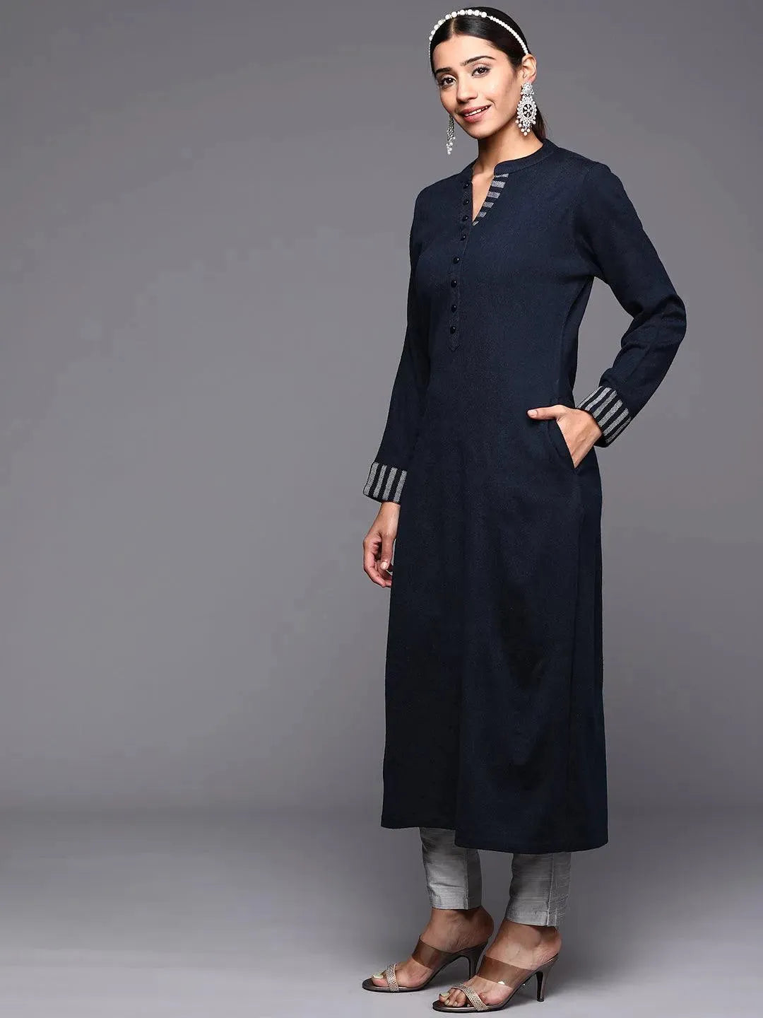 Navy Blue Solid Wool Straight Kurta - Libas 