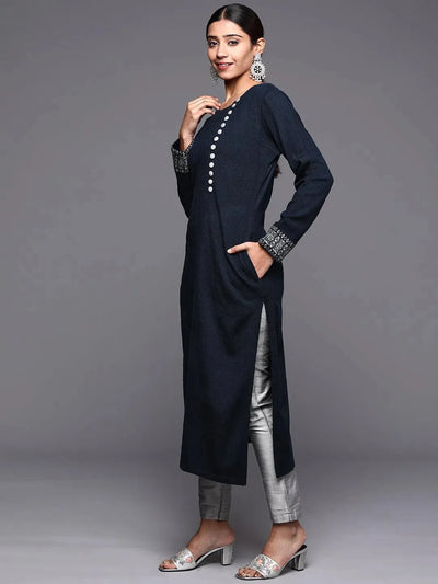 Navy Blue Solid Wool Straight Kurta - Libas