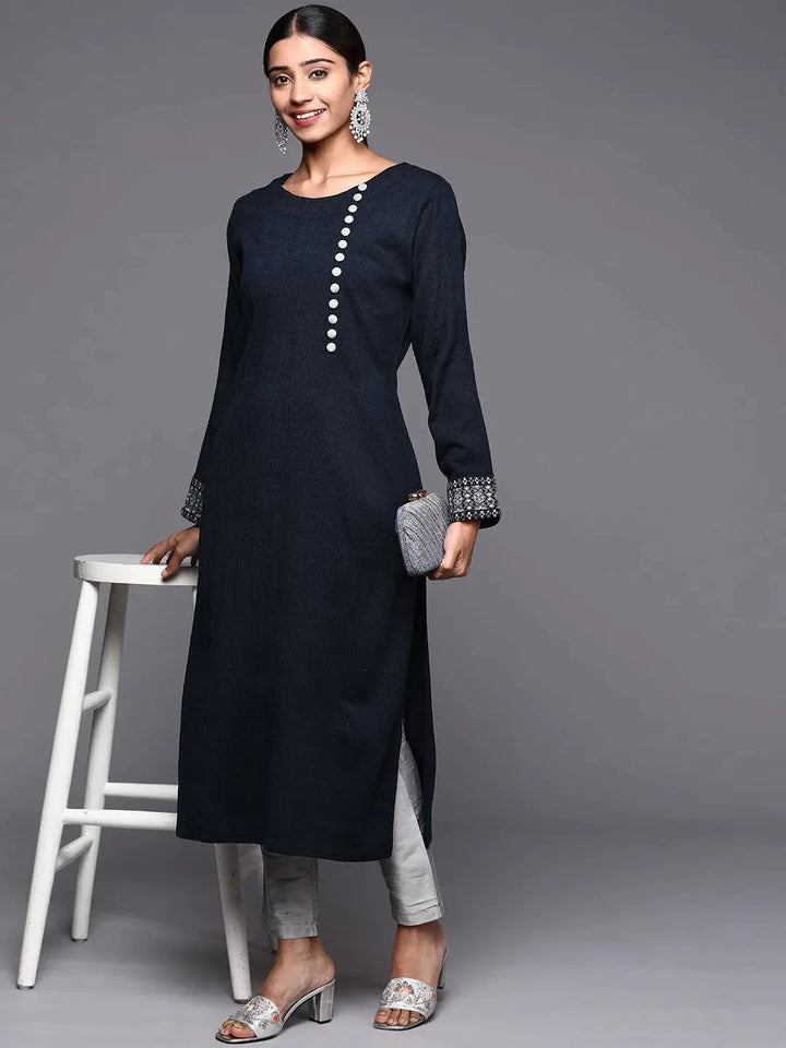 Navy Blue Solid Wool Straight Kurta - Libas