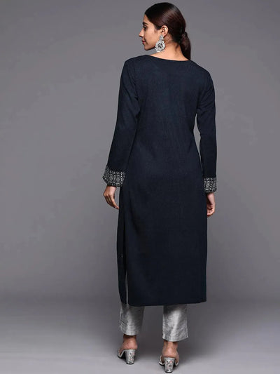 Navy Blue Solid Wool Straight Kurta - Libas