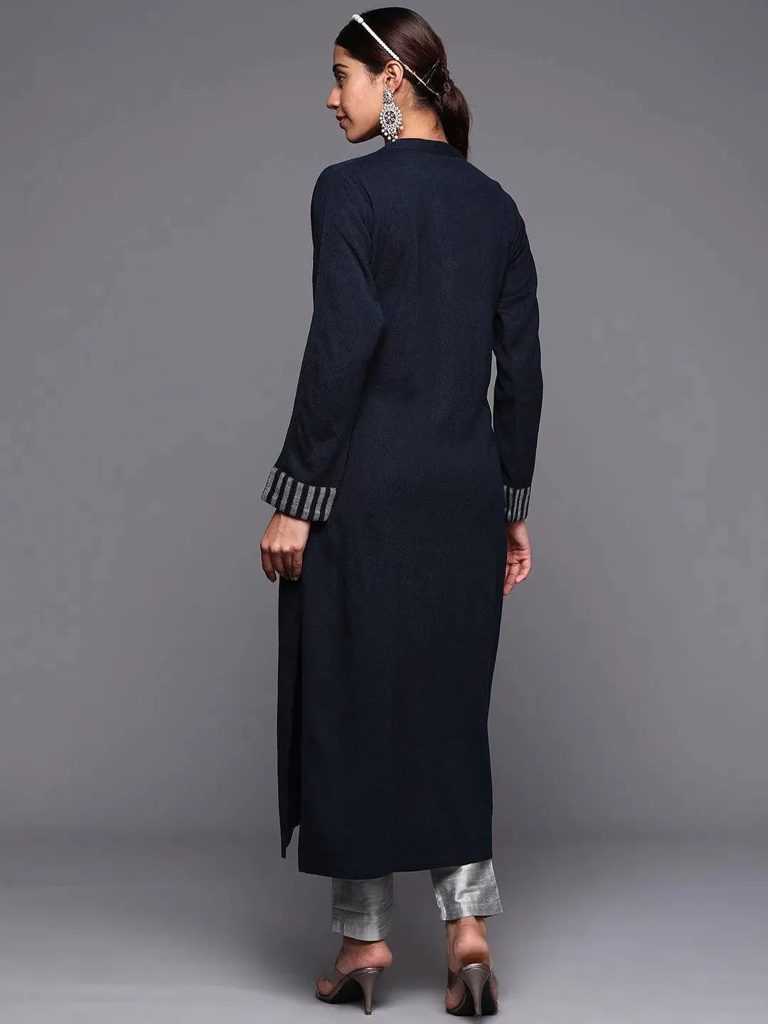 Navy Blue Solid Wool Straight Kurta - Libas 