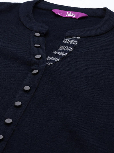 Navy Blue Solid Wool Straight Kurta - Libas