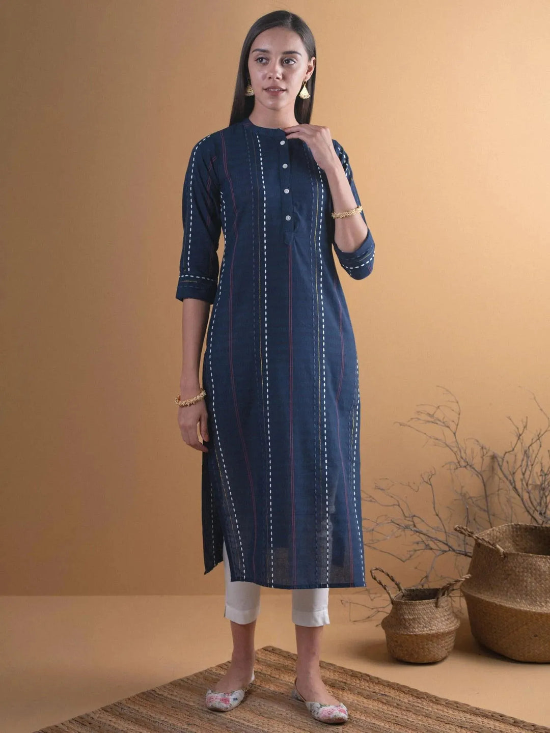 Navy Blue Striped Cotton Kurta - Libas