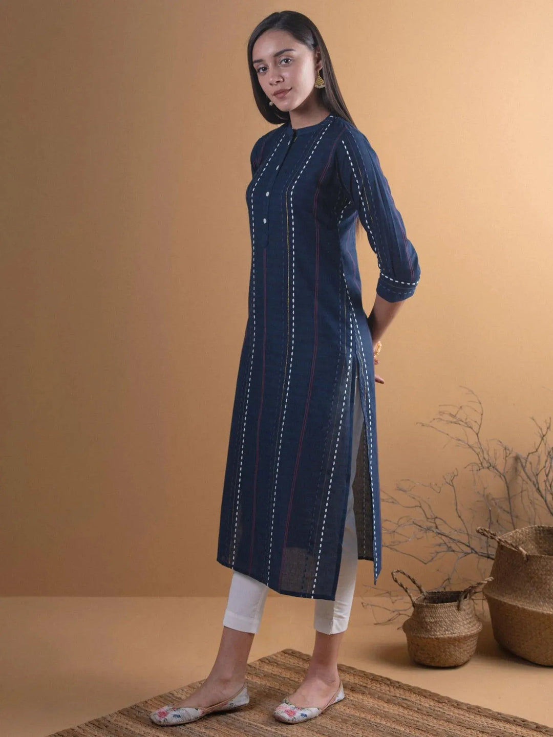 Navy Blue Striped Cotton Kurta - Libas