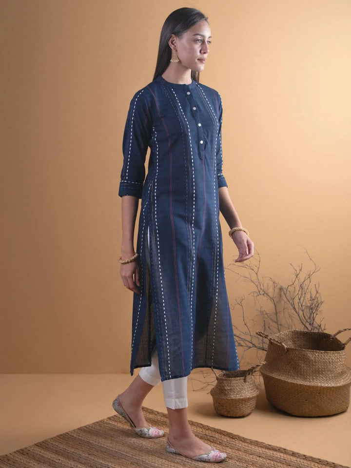 Navy Blue Striped Cotton Kurta - Libas