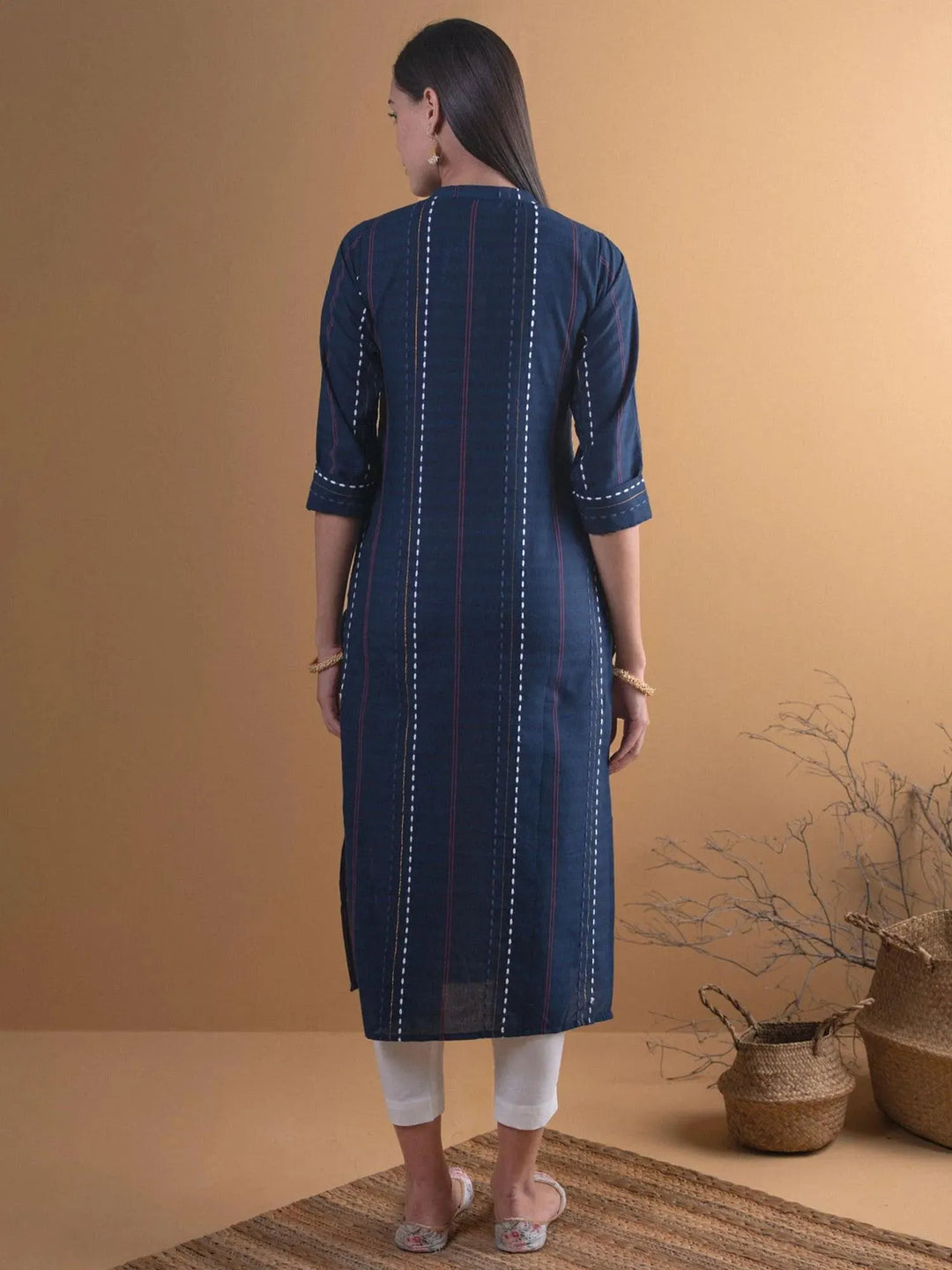 Navy Blue Striped Cotton Kurta - Libas