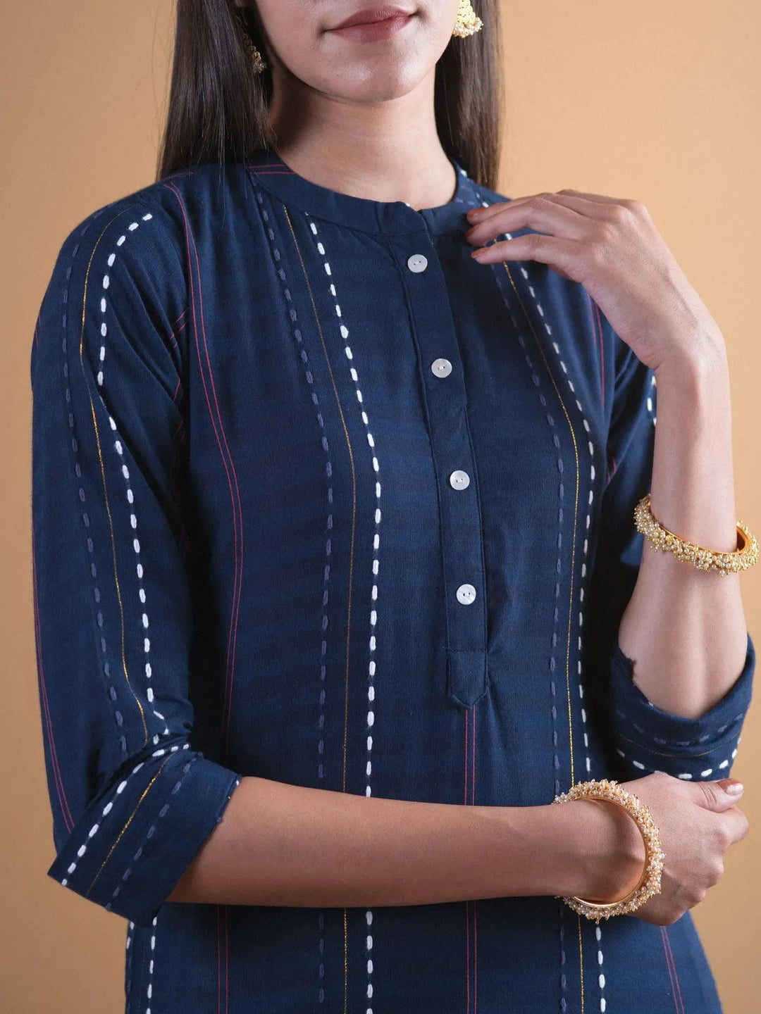 Navy Blue Striped Cotton Kurta - Libas 