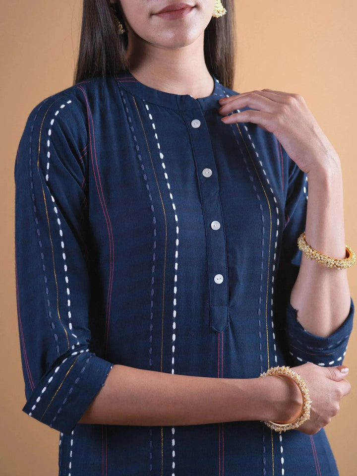 Navy Blue Striped Cotton Kurta - Libas