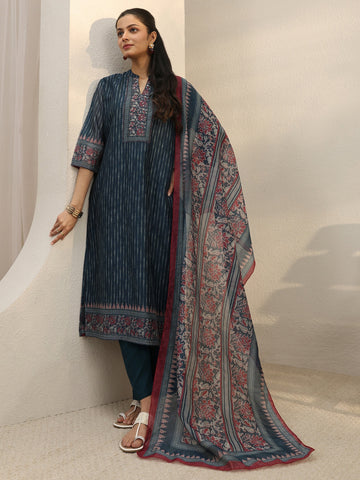 Libas Navy Blue Striped Printed Silk Blend Straight Suit Set