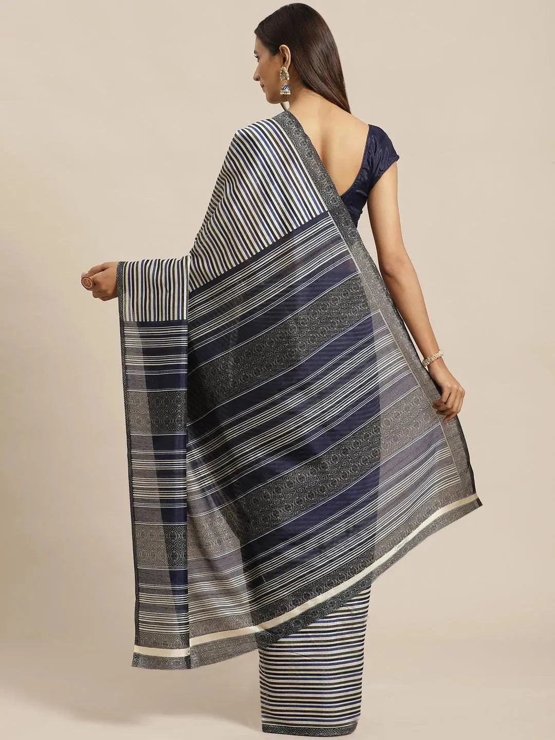 Navy Blue Striped Silk Blend Saree - Libas 