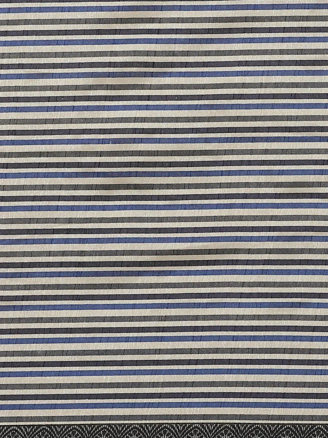 Navy Blue Striped Silk Blend Saree - Libas 