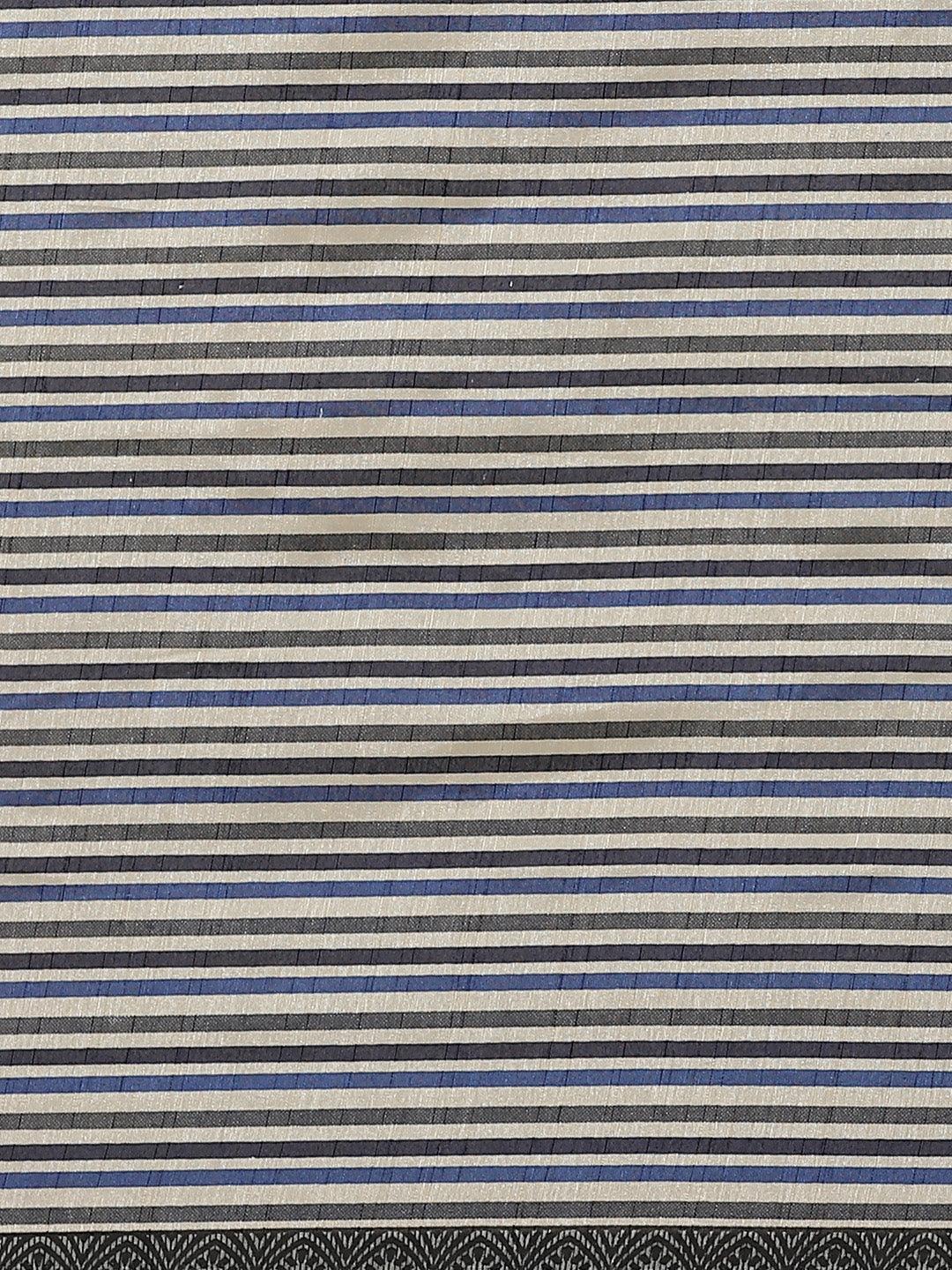 Navy Blue Striped Silk Blend Saree - Libas