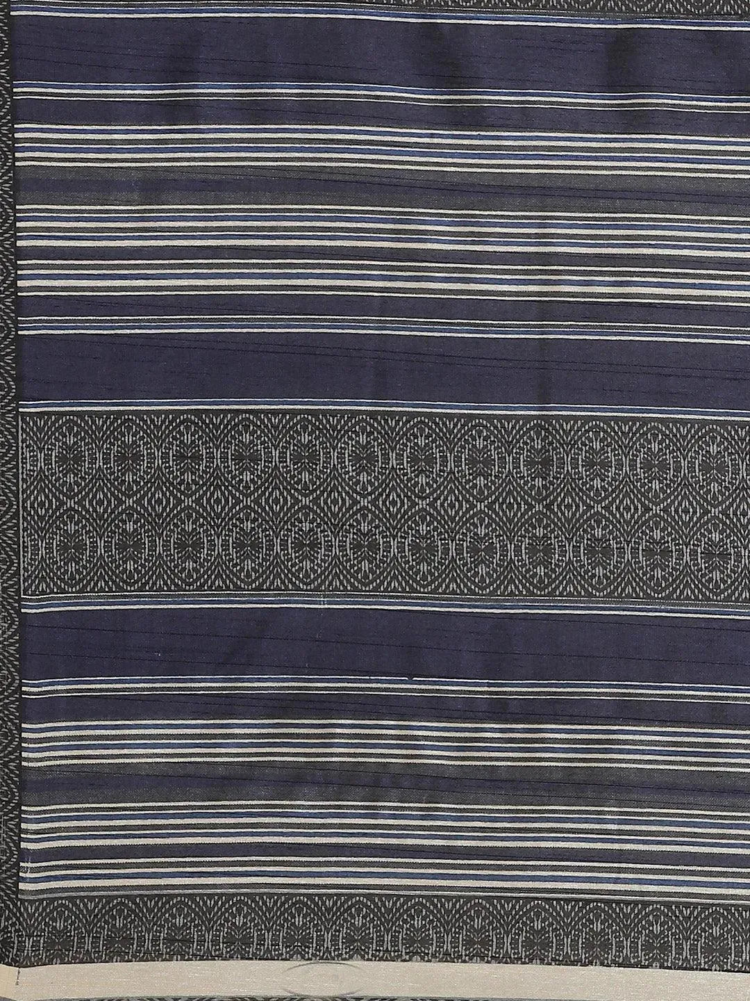 Navy Blue Striped Silk Blend Saree - Libas