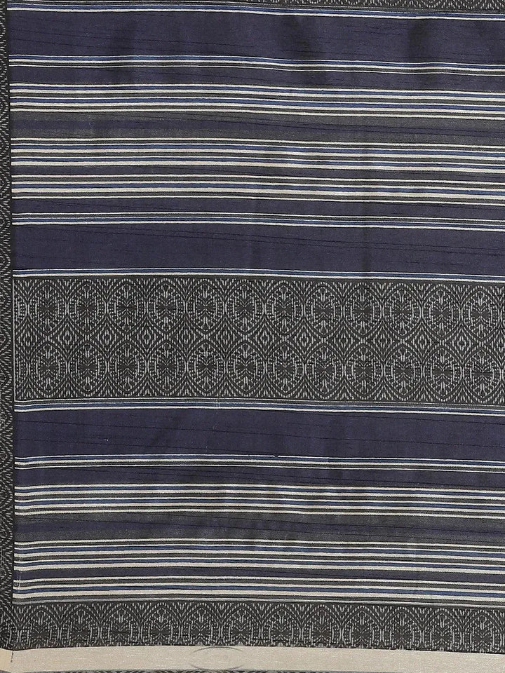 Navy Blue Striped Silk Blend Saree - Libas