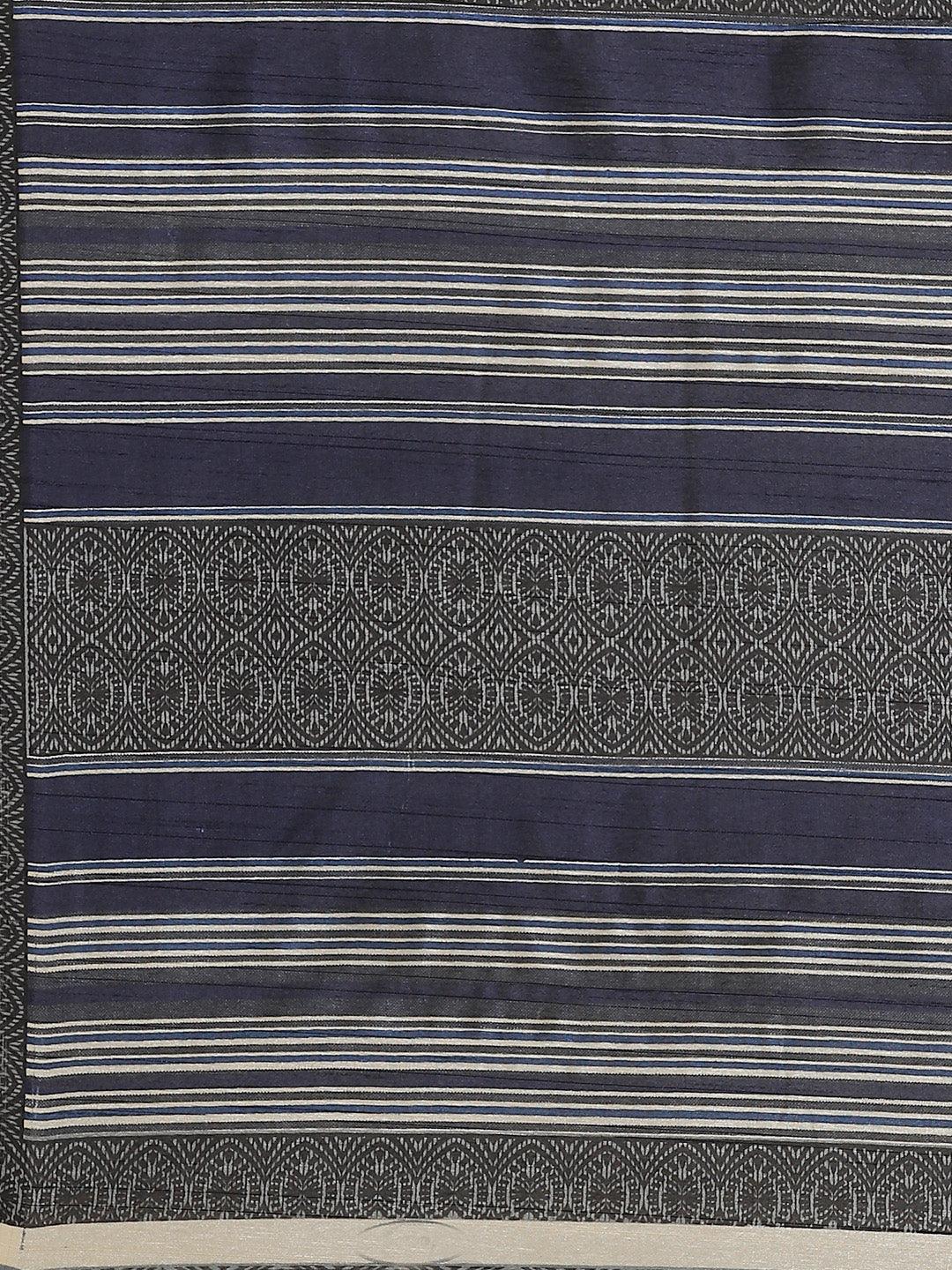 Navy Blue Striped Silk Blend Saree - Libas