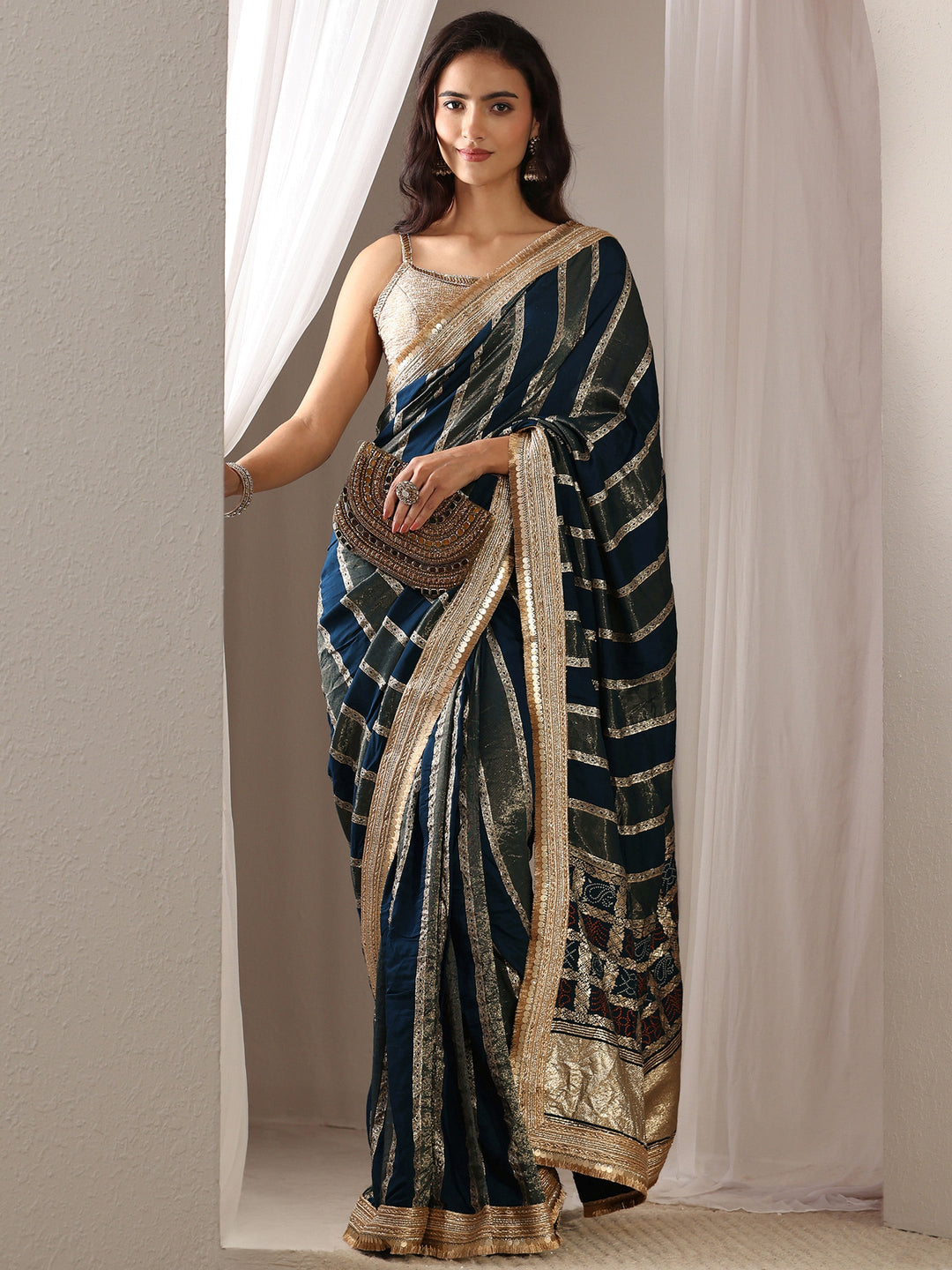  Navy Blue Striped Woven Design Chiffon Saree With Unstitched Blouse Piece 
