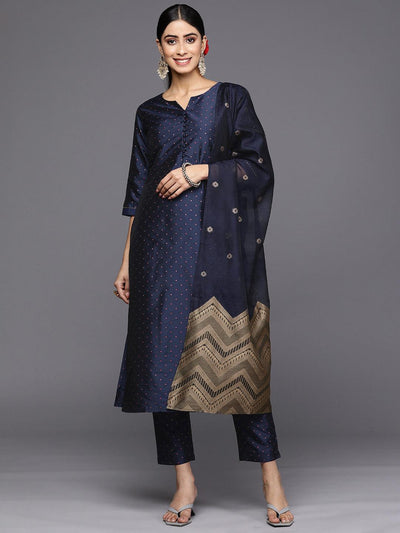 Navy Blue Woven Design Art Silk Straight Suit Set With Trousers - Libas