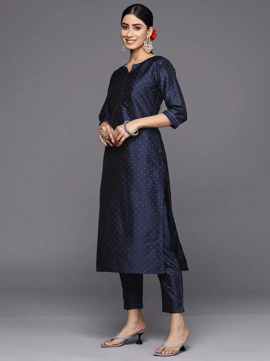 Navy Blue Woven Design Art Silk Straight Suit Set With Trousers - Libas 