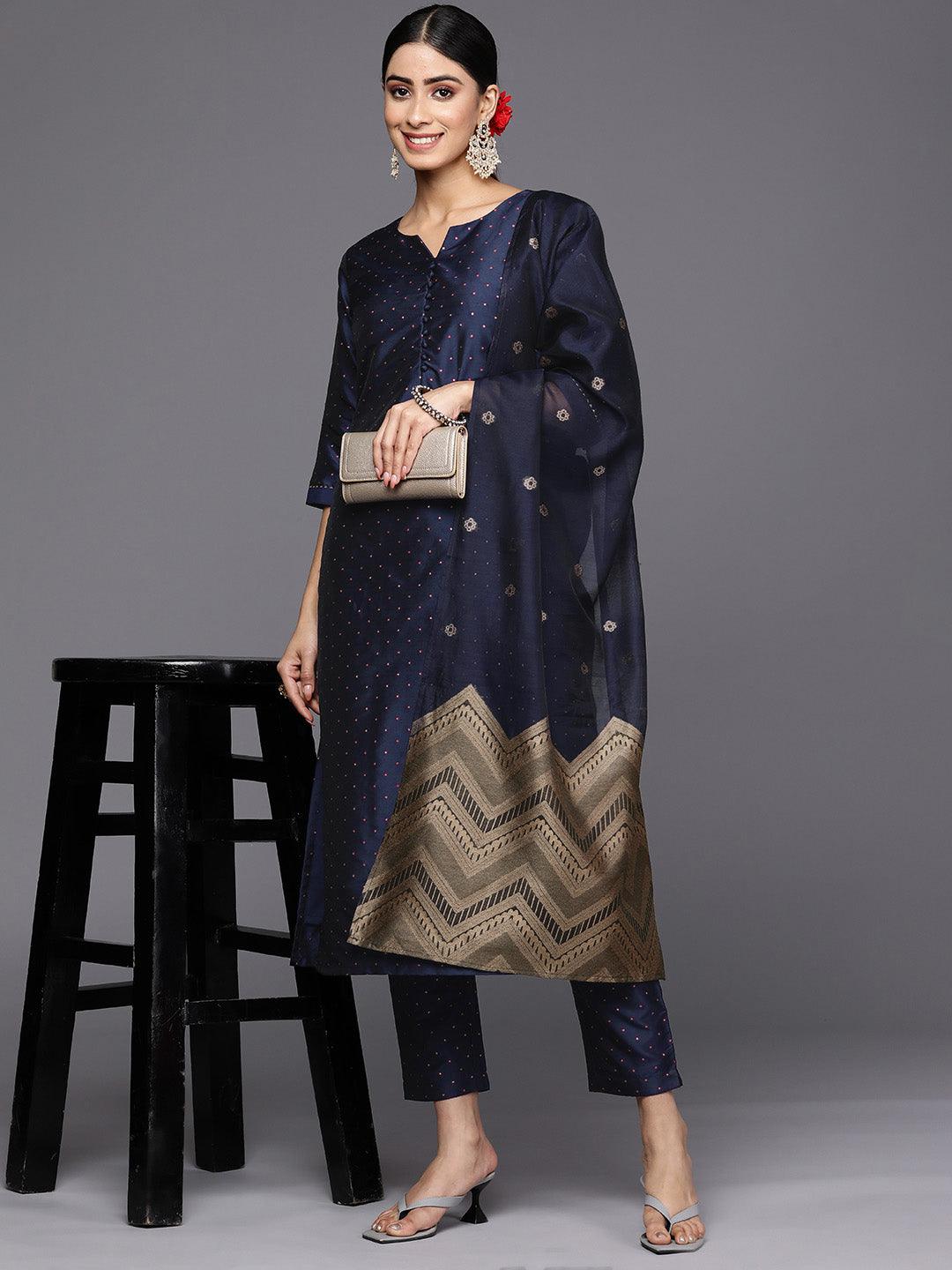 Navy Blue Woven Design Art Silk Straight Suit Set With Trousers - Libas