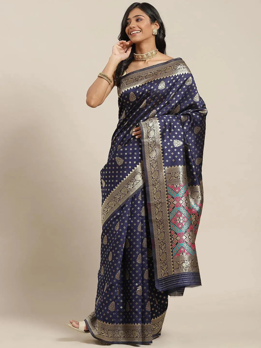 Navy Blue Woven Design Brocade Saree - Libas