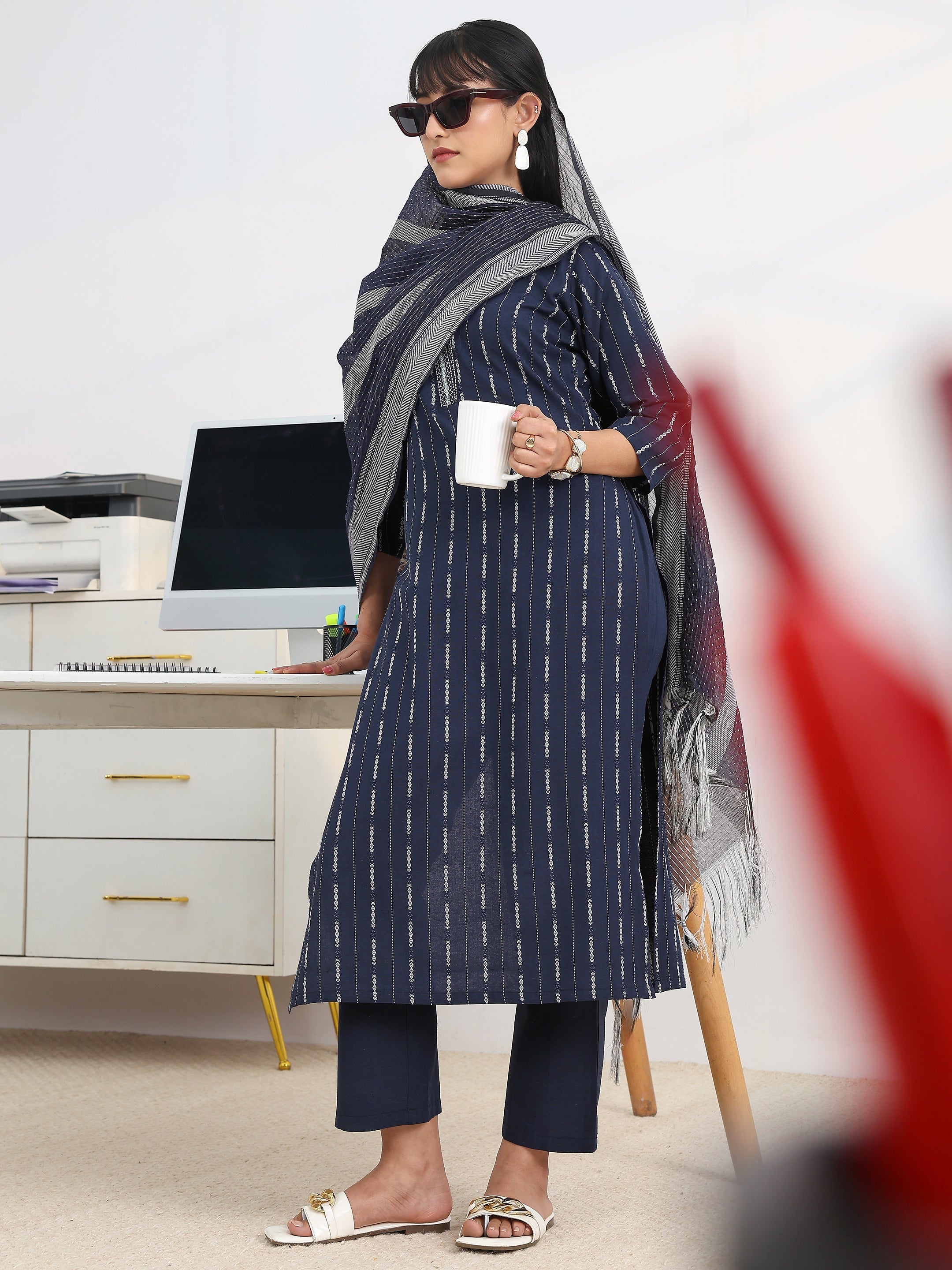 libas Navy blue Woven Design Cotton Blend Straight Suit Set With Dupatta-picture-63