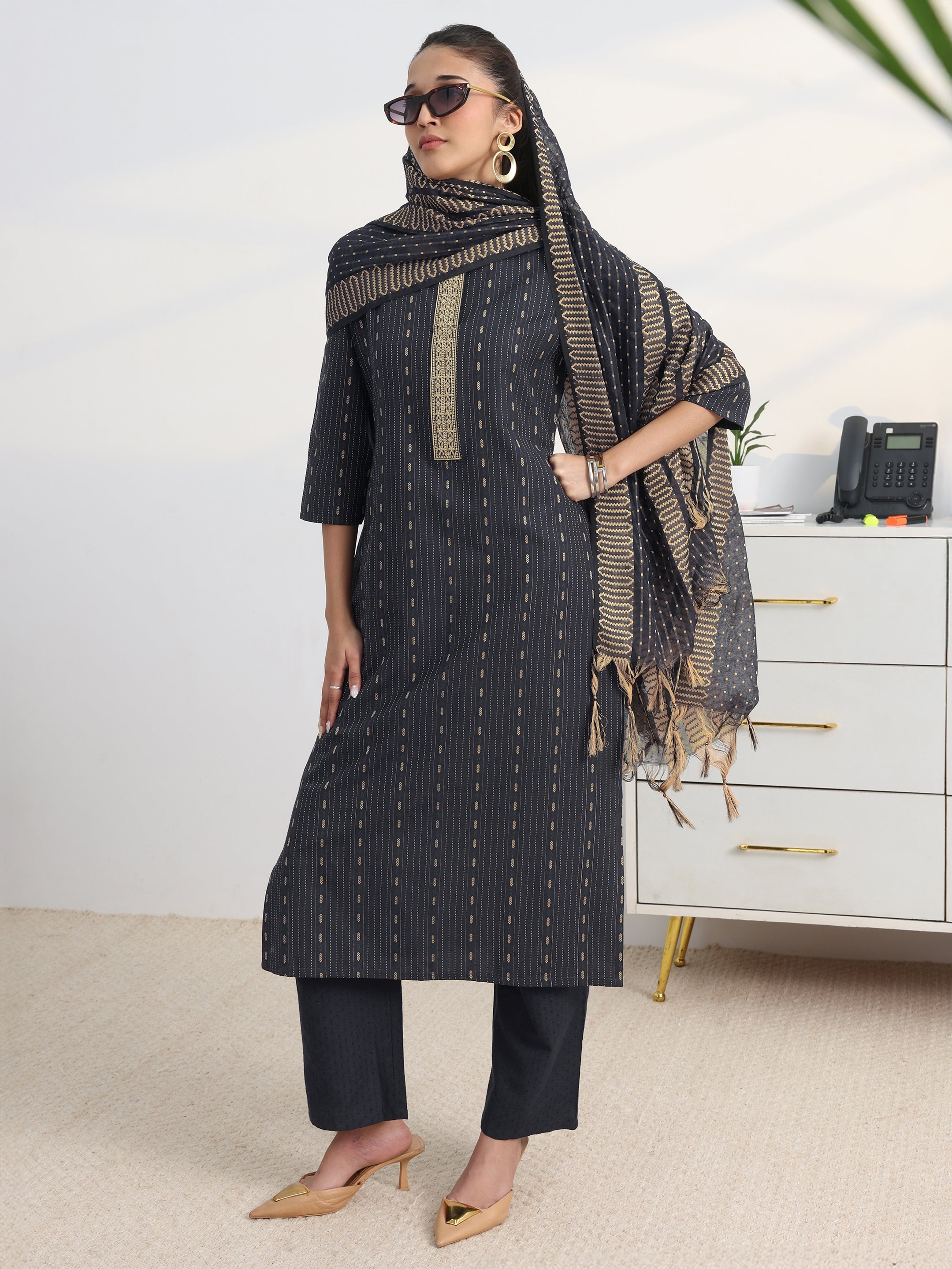 Navy Blue Woven Design Cotton Blend Straight Suit Set With Dupatta-image-22