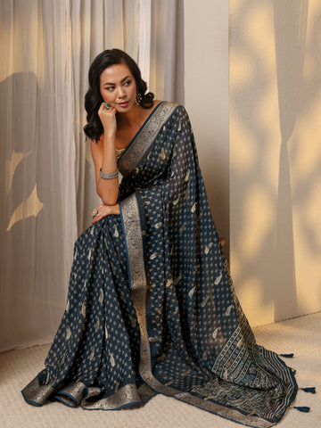 Navy Blue Woven Design Paisley Silk Blend Saree With Unstitched Blouse Piece