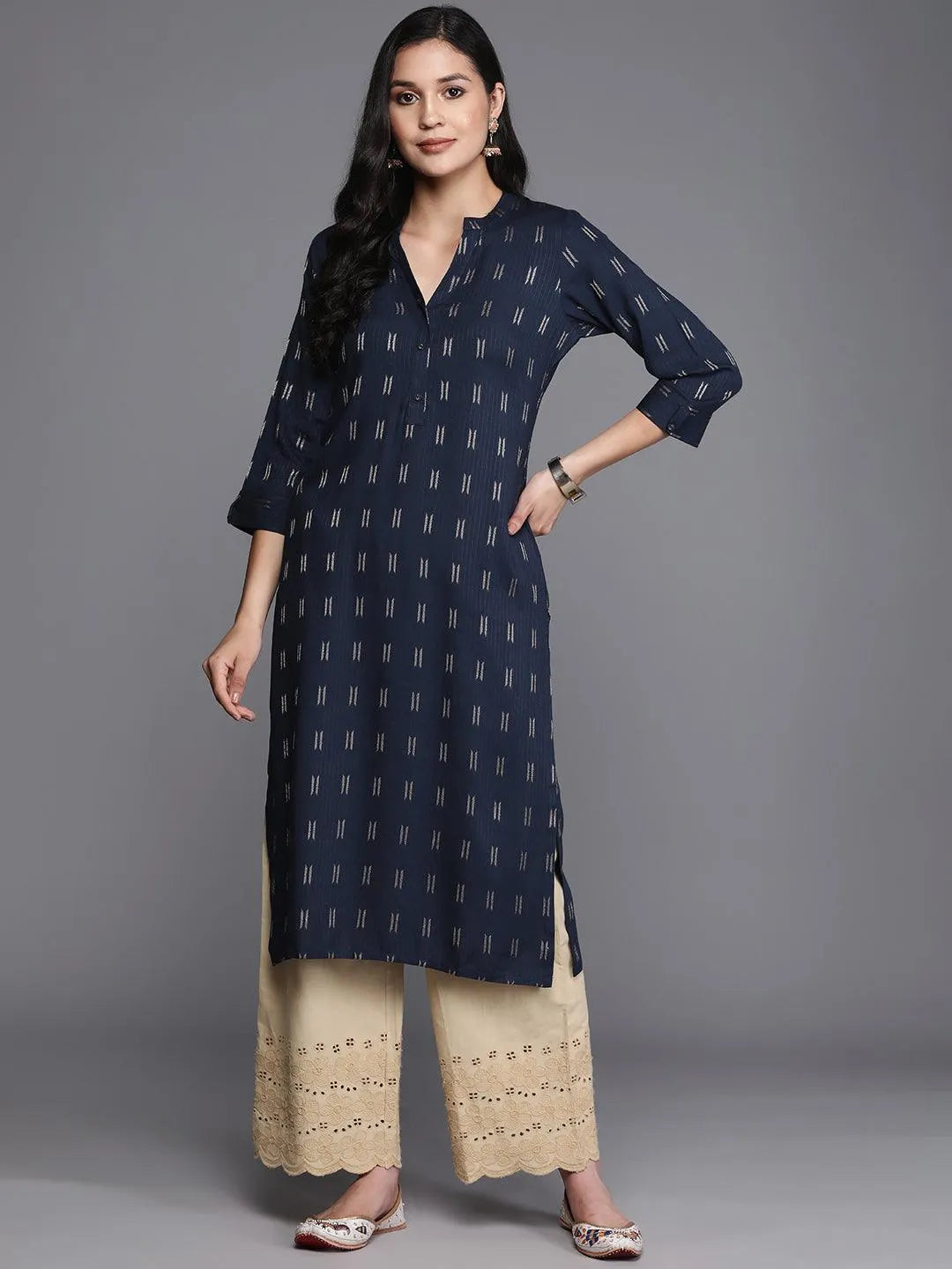 Navy Blue Woven Design Rayon Straight Kurta - Libas