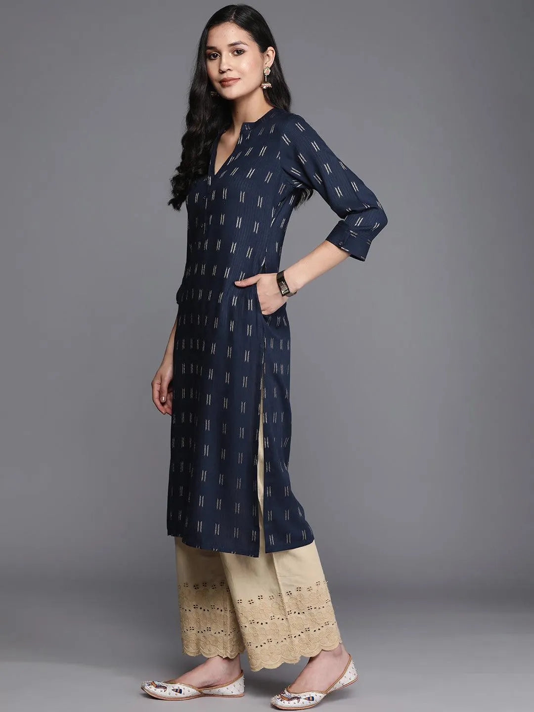 Navy Blue Woven Design Rayon Straight Kurta - Libas