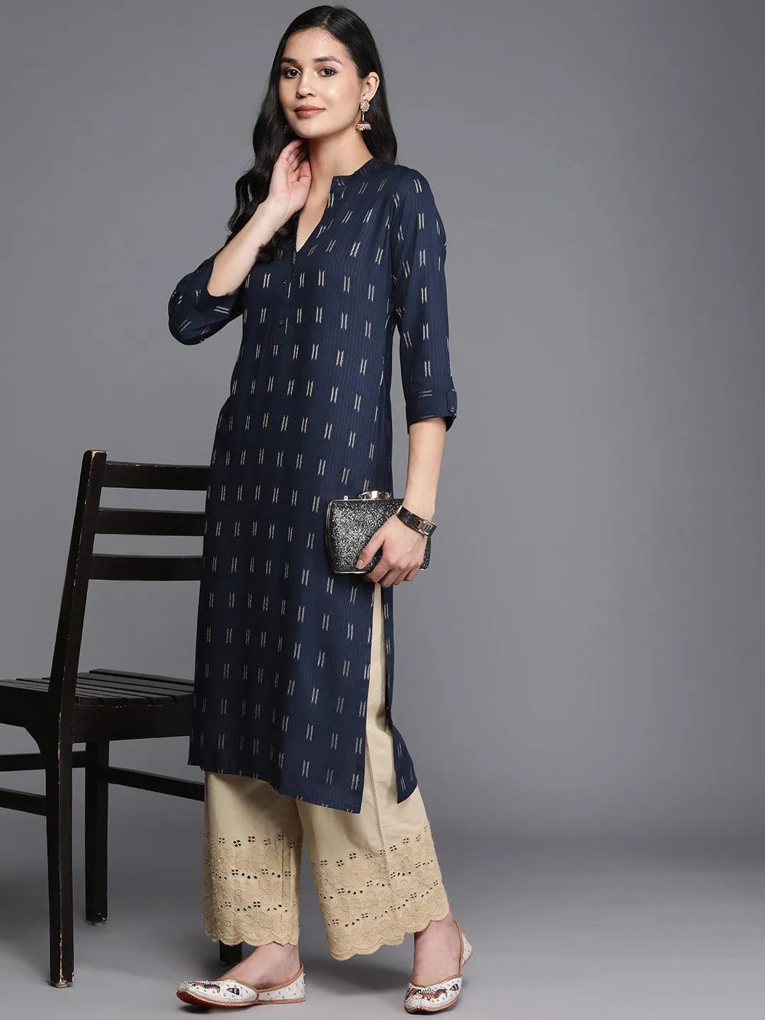 Navy Blue Woven Design Rayon Straight Kurta - Libas