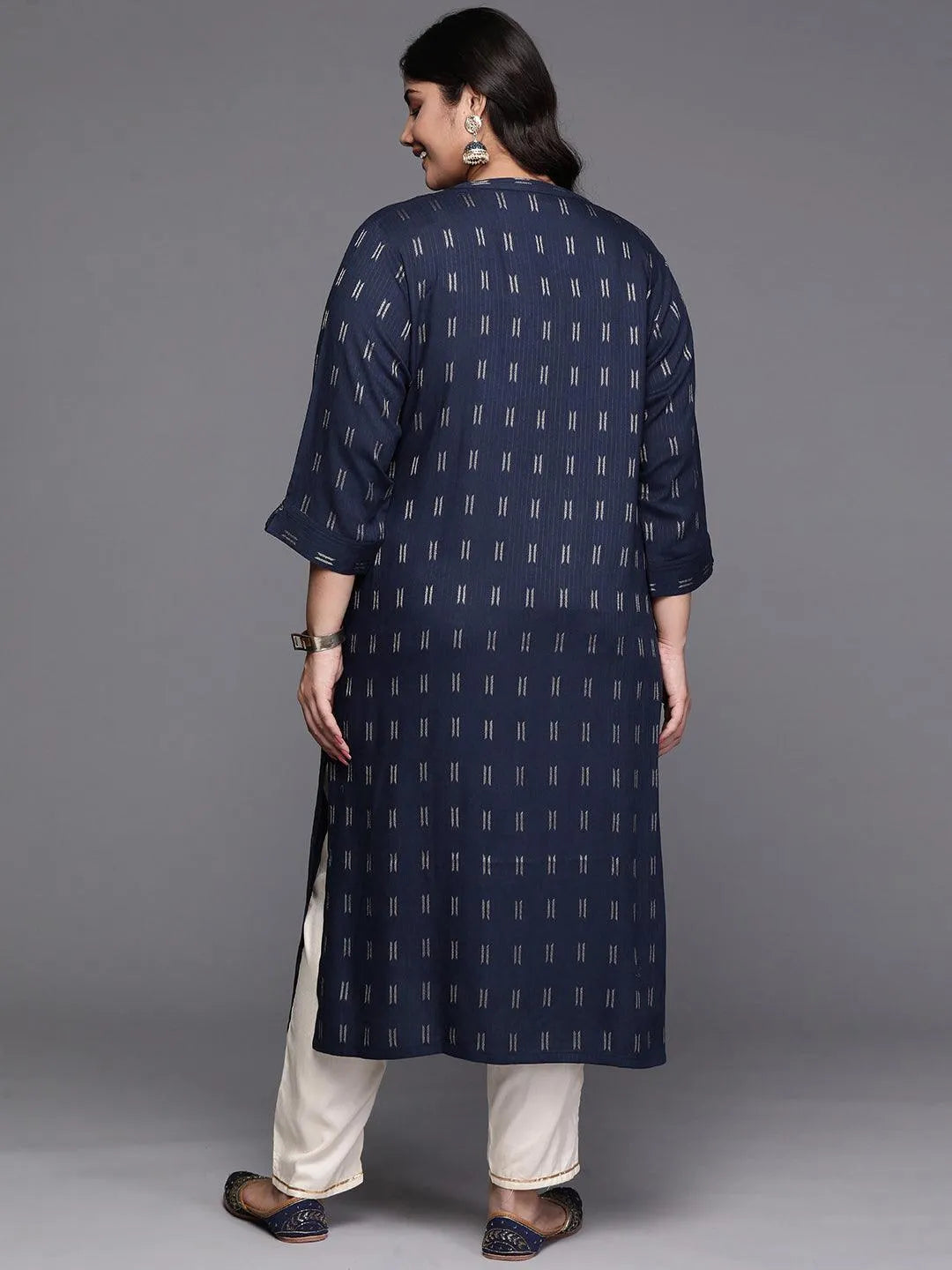 Navy Blue Woven Design Rayon Straight Kurta - Libas 