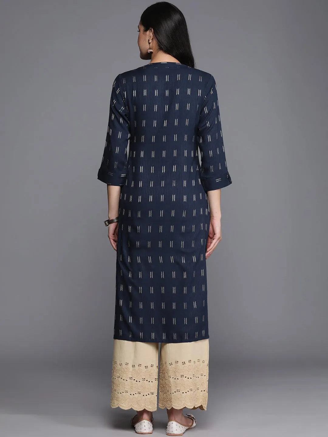 Navy Blue Woven Design Rayon Straight Kurta - Libas