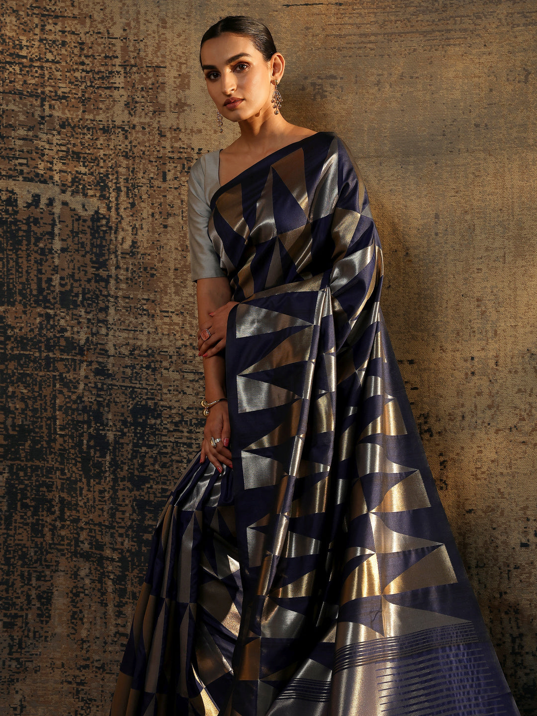 Navy Blue Woven Design Silk Blend Saree With Unstitched Blouse Piece