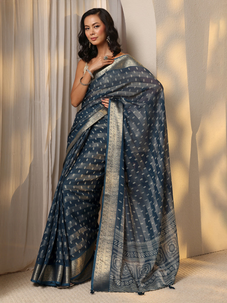 Libas Navy Blue Woven Design Silk Blend Saree With Unstitched Blouse Piece