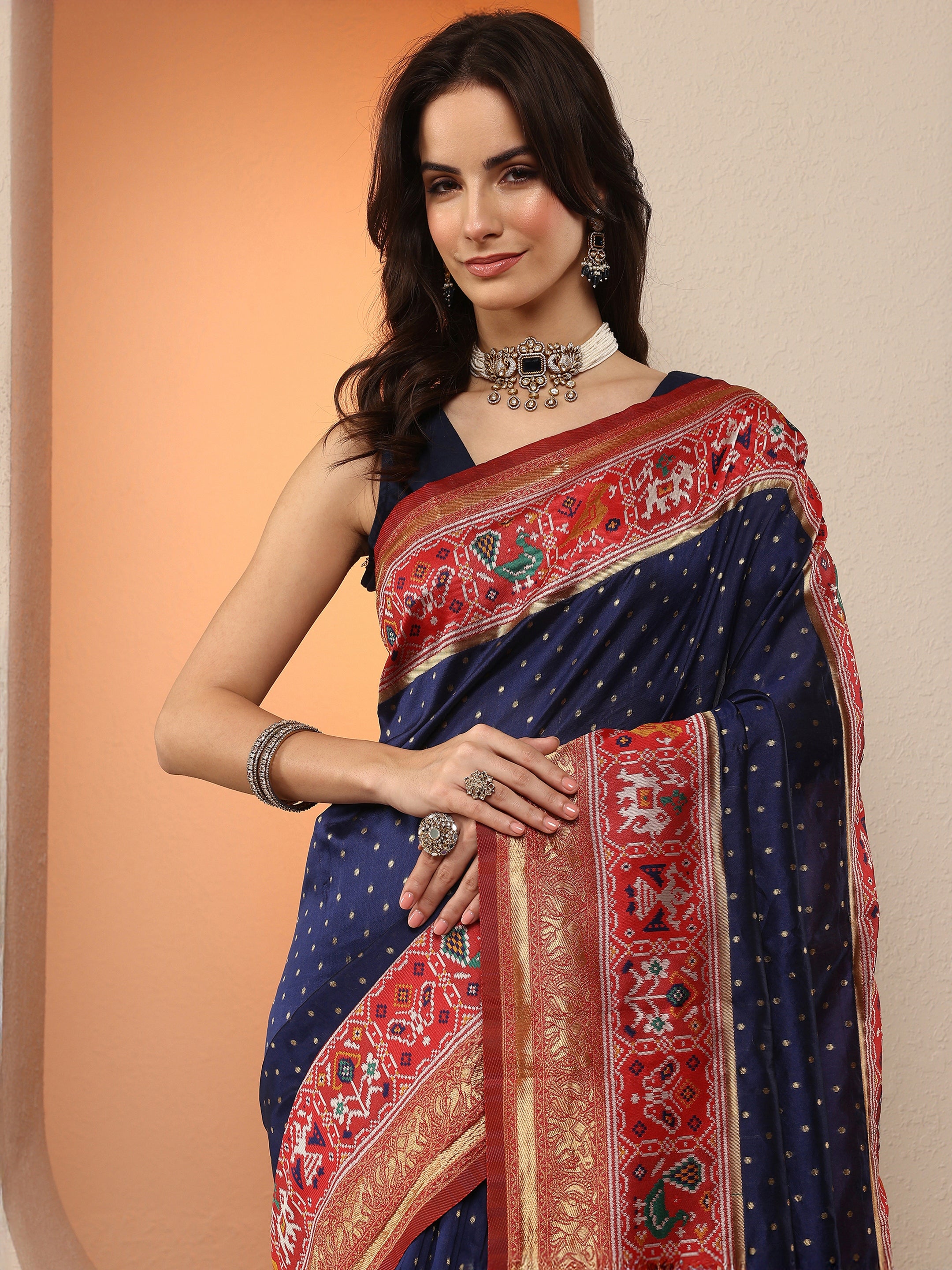 Navy Blue Woven Design Silk Blend Saree With Unstitched Blouse Piece-image-19