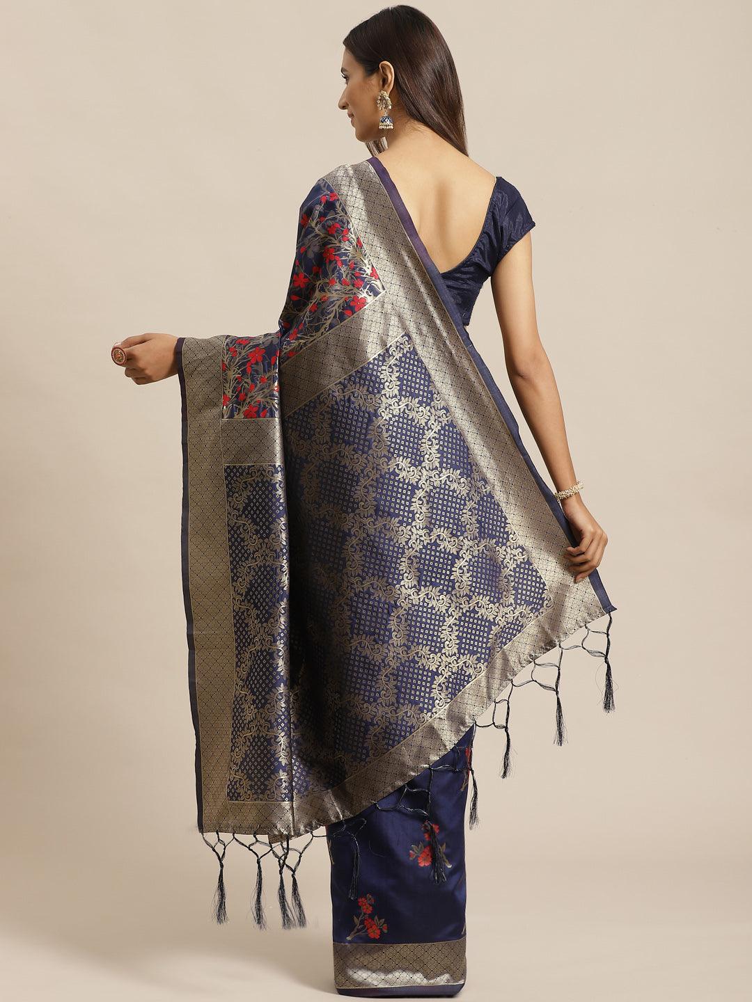Navy Blue Woven Design Silk Saree - Libas