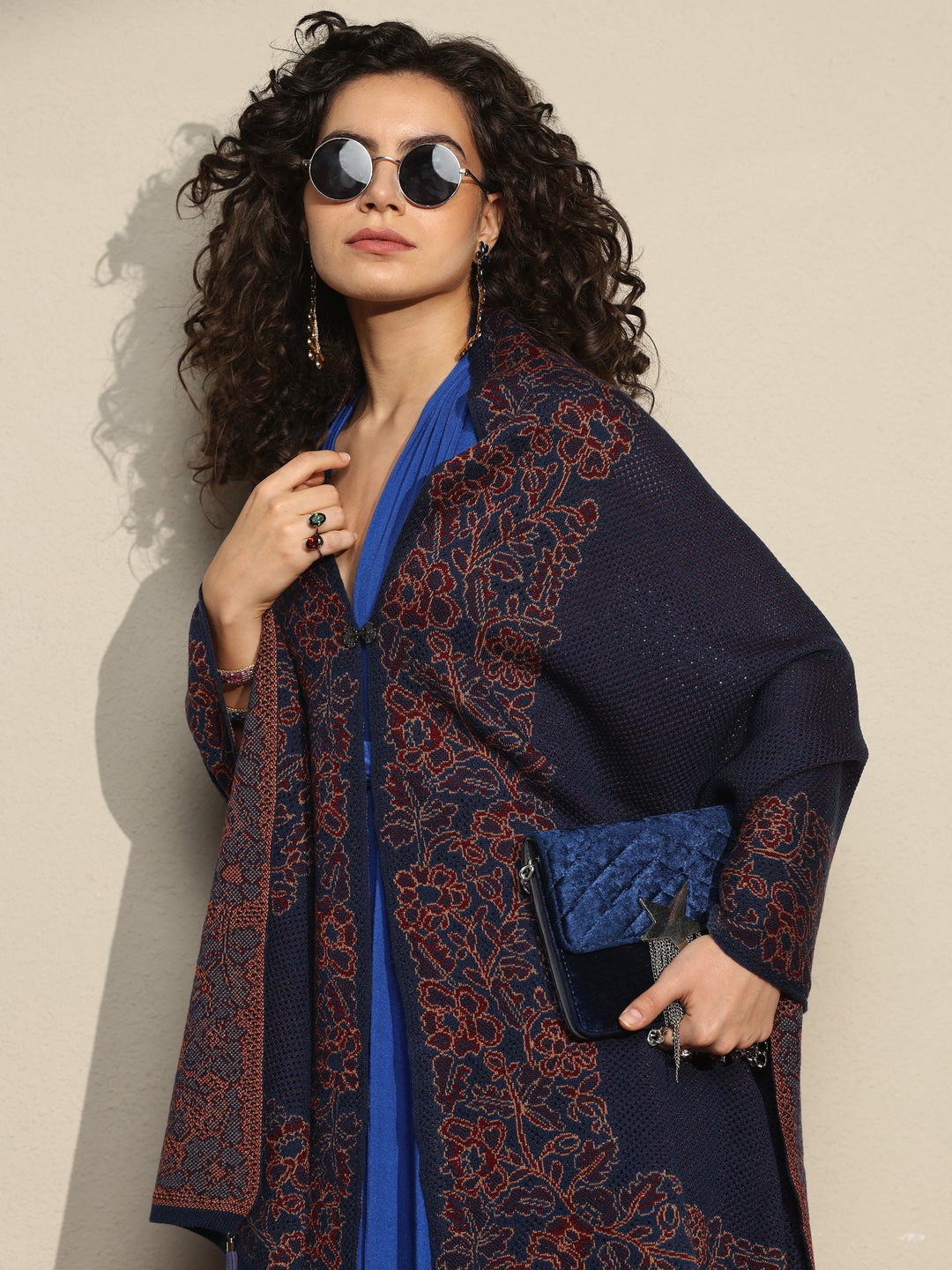Navy Blue Woven Design Wool Women's Shawl