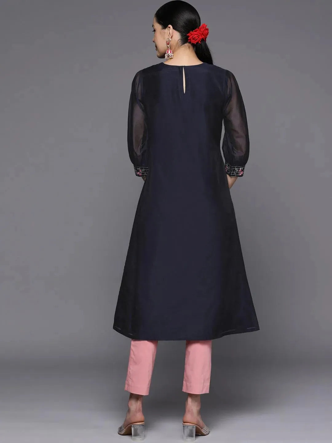 Navy Blue Yoke Design Chanderi Cotton Straight Kurta - Libas 