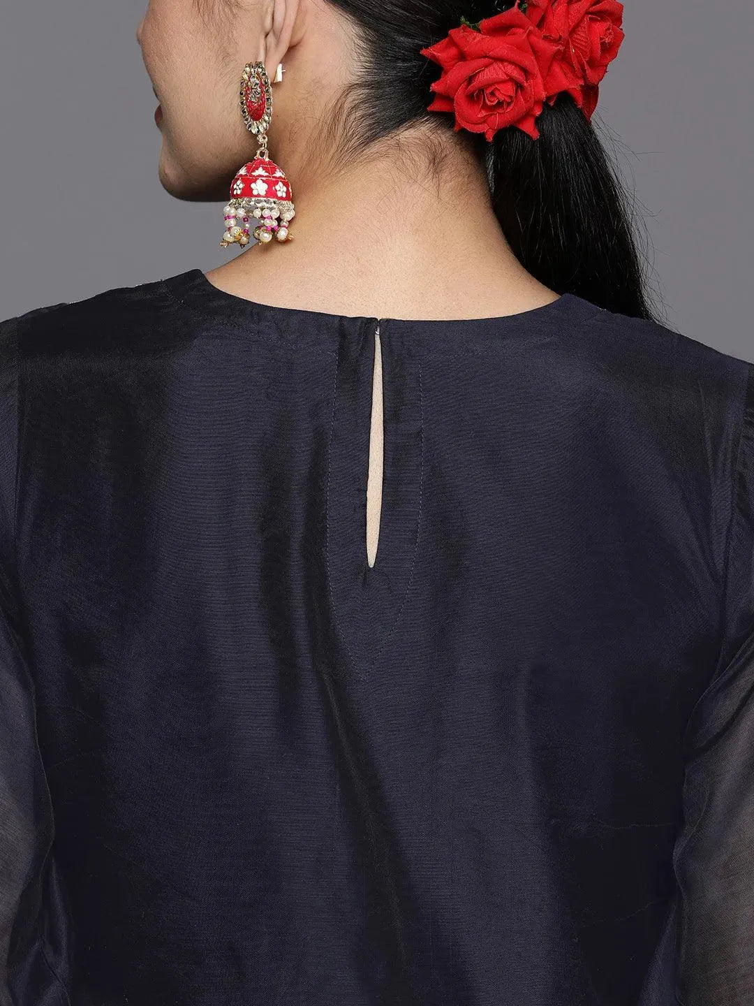 Navy Blue Yoke Design Chanderi Cotton Straight Kurta - Libas 