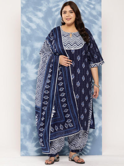 Navy Blue Yoke Design Cotton Straight Kurta With Salwar and Dupatta - Libas