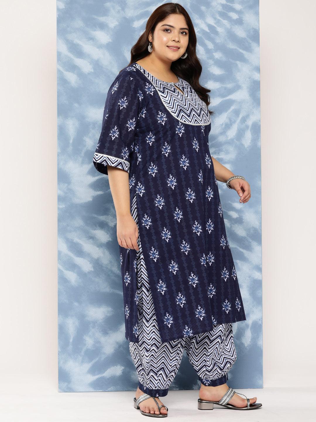 Navy Blue Yoke Design Cotton Straight Kurta With Salwar and Dupatta