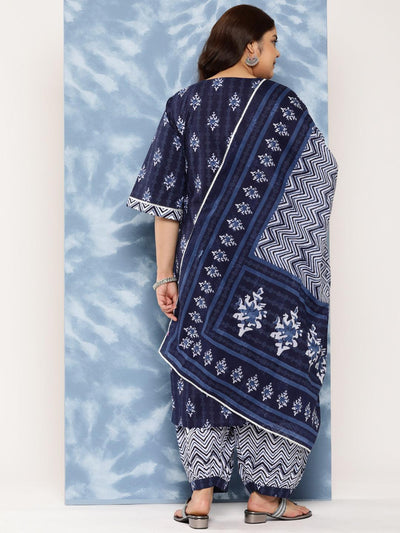 Navy Blue Yoke Design Cotton Straight Kurta With Salwar and Dupatta - Libas