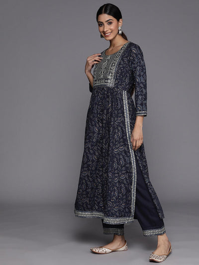 Navy Blue Yoke Design Rayon A-Line Suit Set With Trousers - Libas