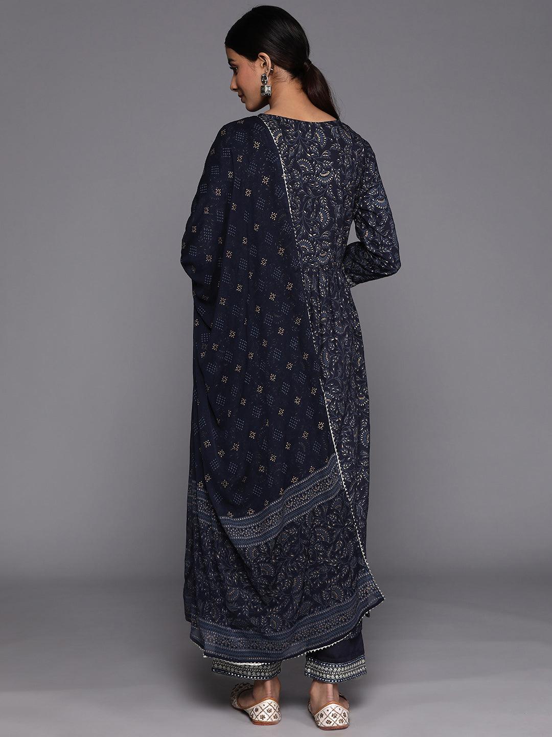 Navy Blue Yoke Design Rayon A-Line Suit Set With Trousers - Libas