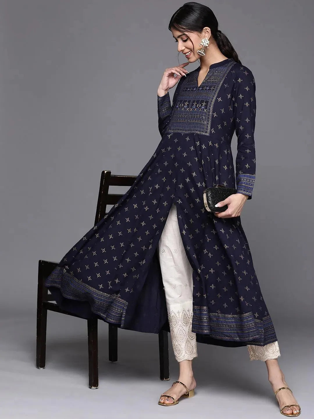 Navy Blue Yoke Design Rayon Kurta - Libas 
