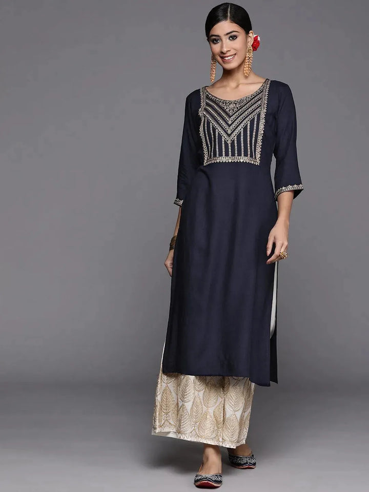 Navy Blue Yoke Design Rayon Straight Kurta - Libas