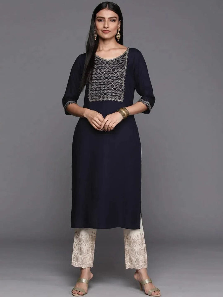 Navy Blue Yoke Design Rayon Straight Kurta - Libas