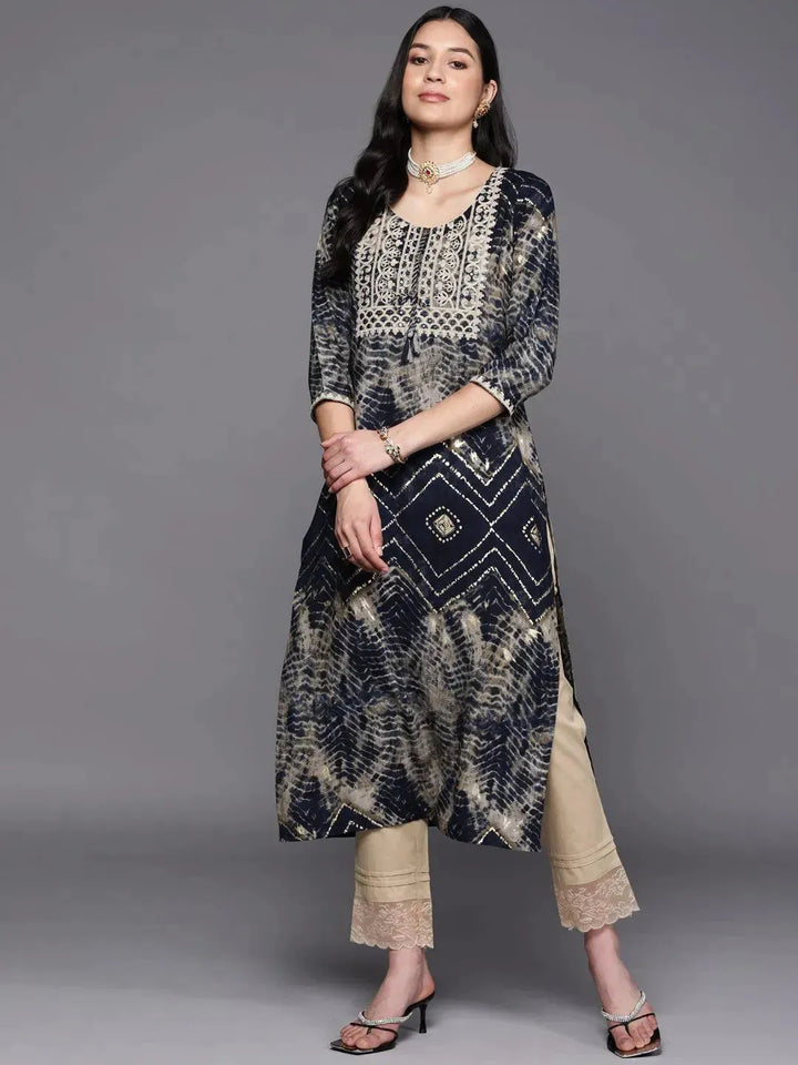 Navy Blue Yoke Design Rayon Straight Kurta - Libas