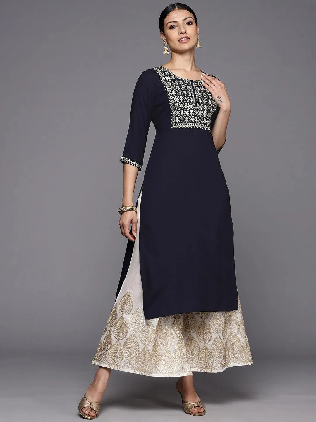 Navy Blue Printed Rayon Straight Kurta - Libas