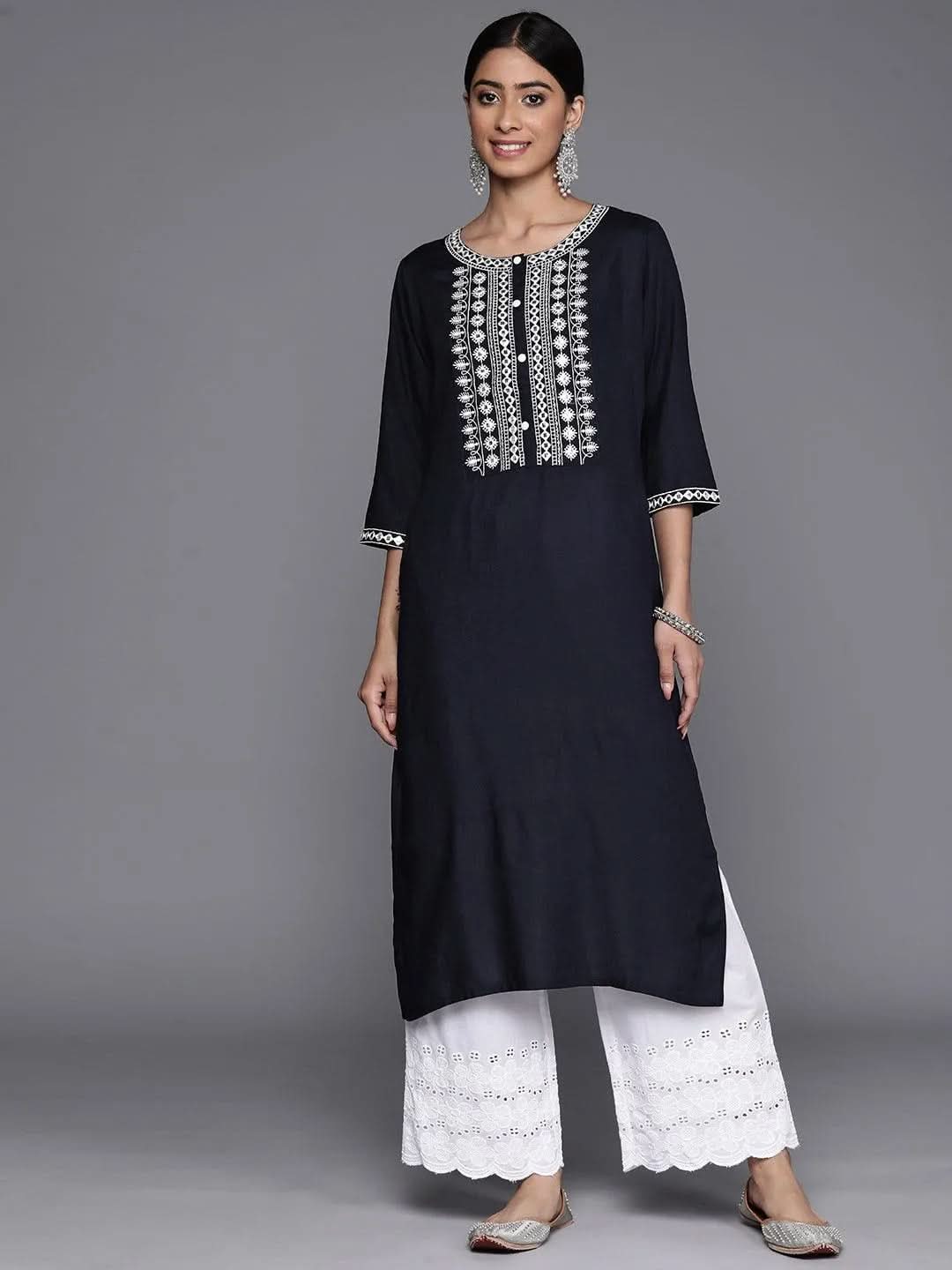Navy Blue Yoke Design Rayon Straight Kurta - Libas 
